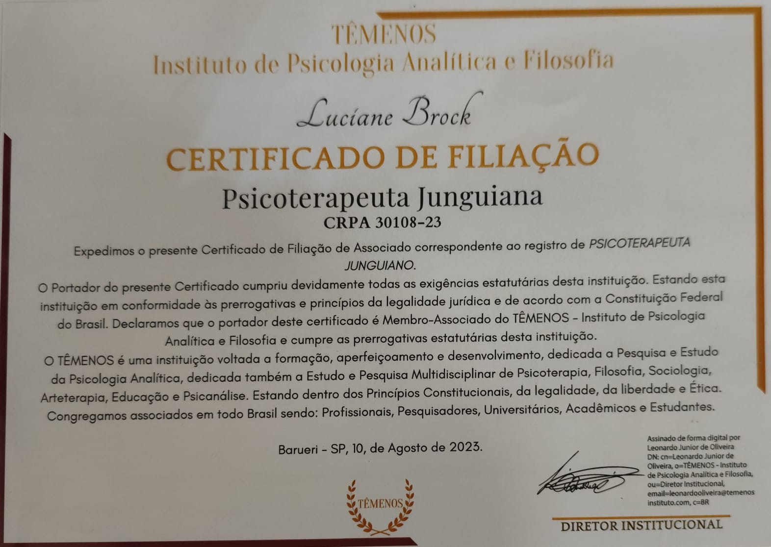 Certificado TÊMENOS — Psicoterapeuta Junguiana Luciane Motta · CRPA 30108-23
